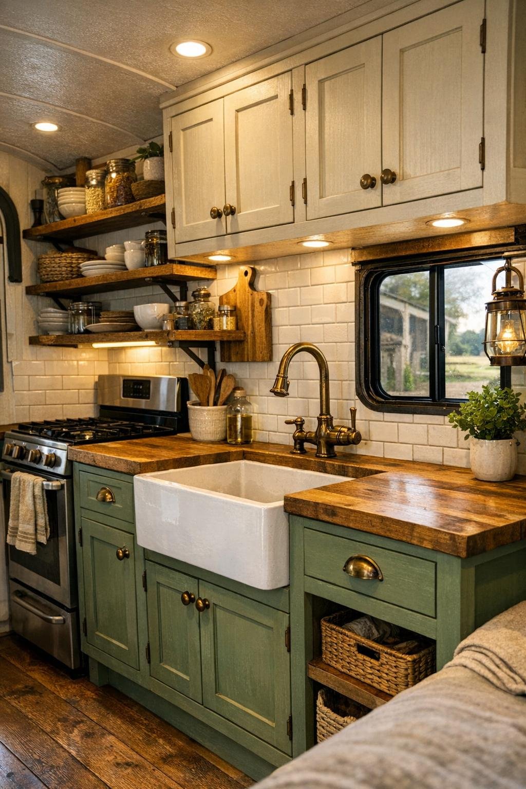 Warm camper kitchen with butcher block counters and sage cabinetry