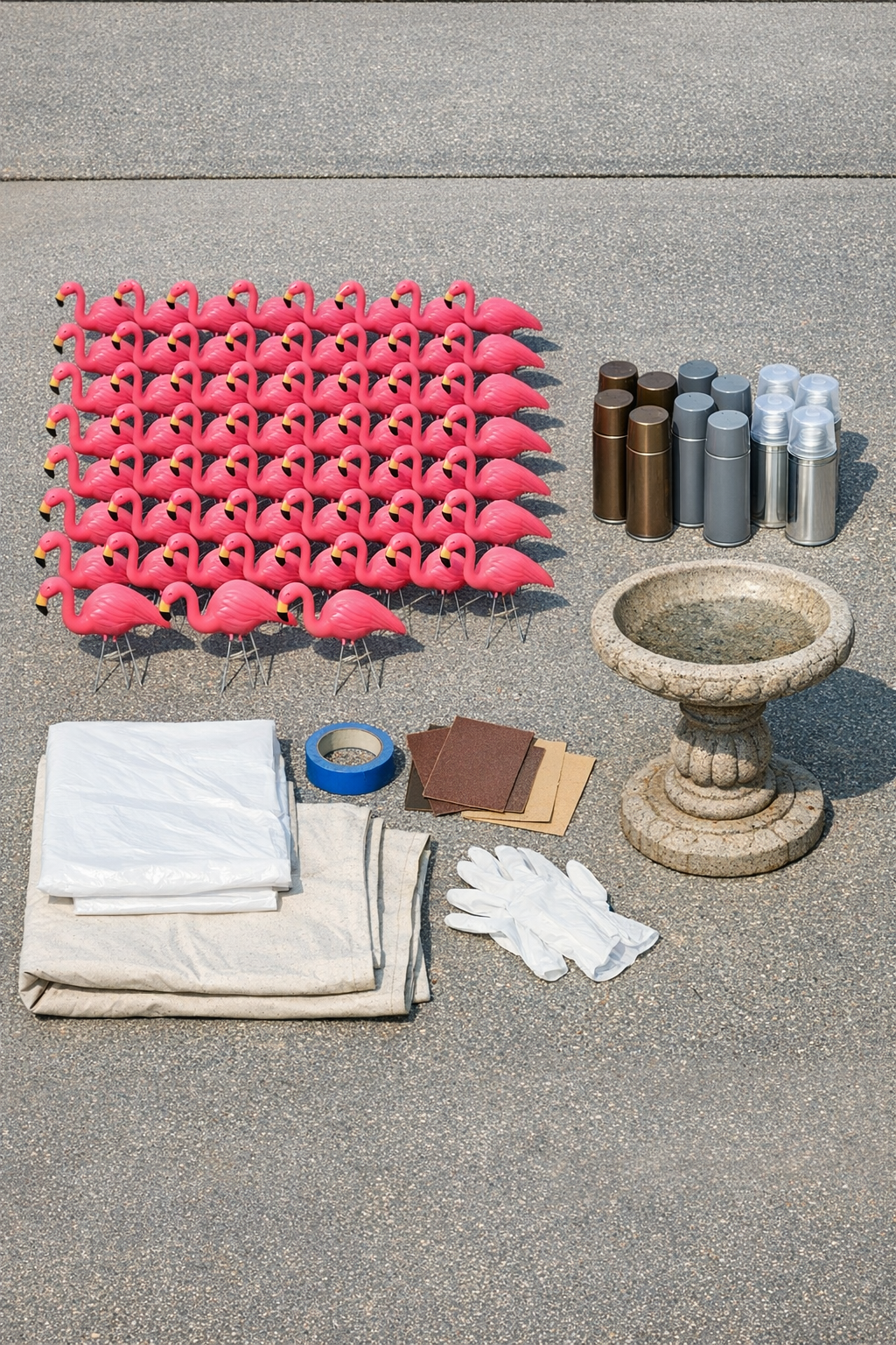 Materials for faux bronze flamingo garden sculptures laid out together