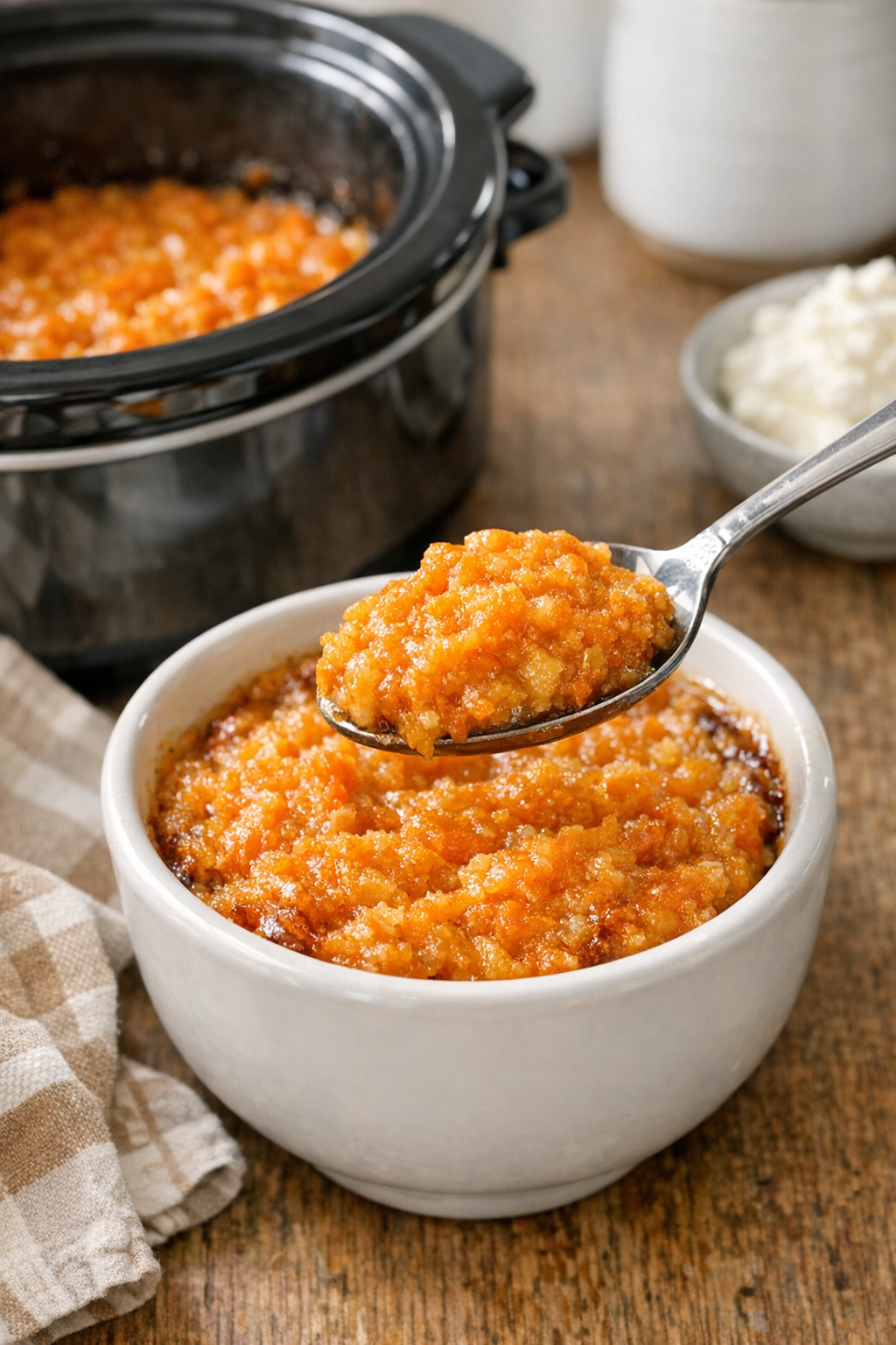 Finished carrot pudding in a serving dish