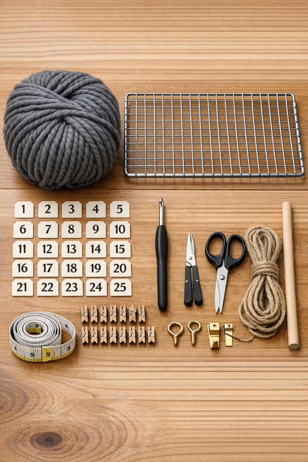 Materials for a crochet wall calendar arranged on a table
