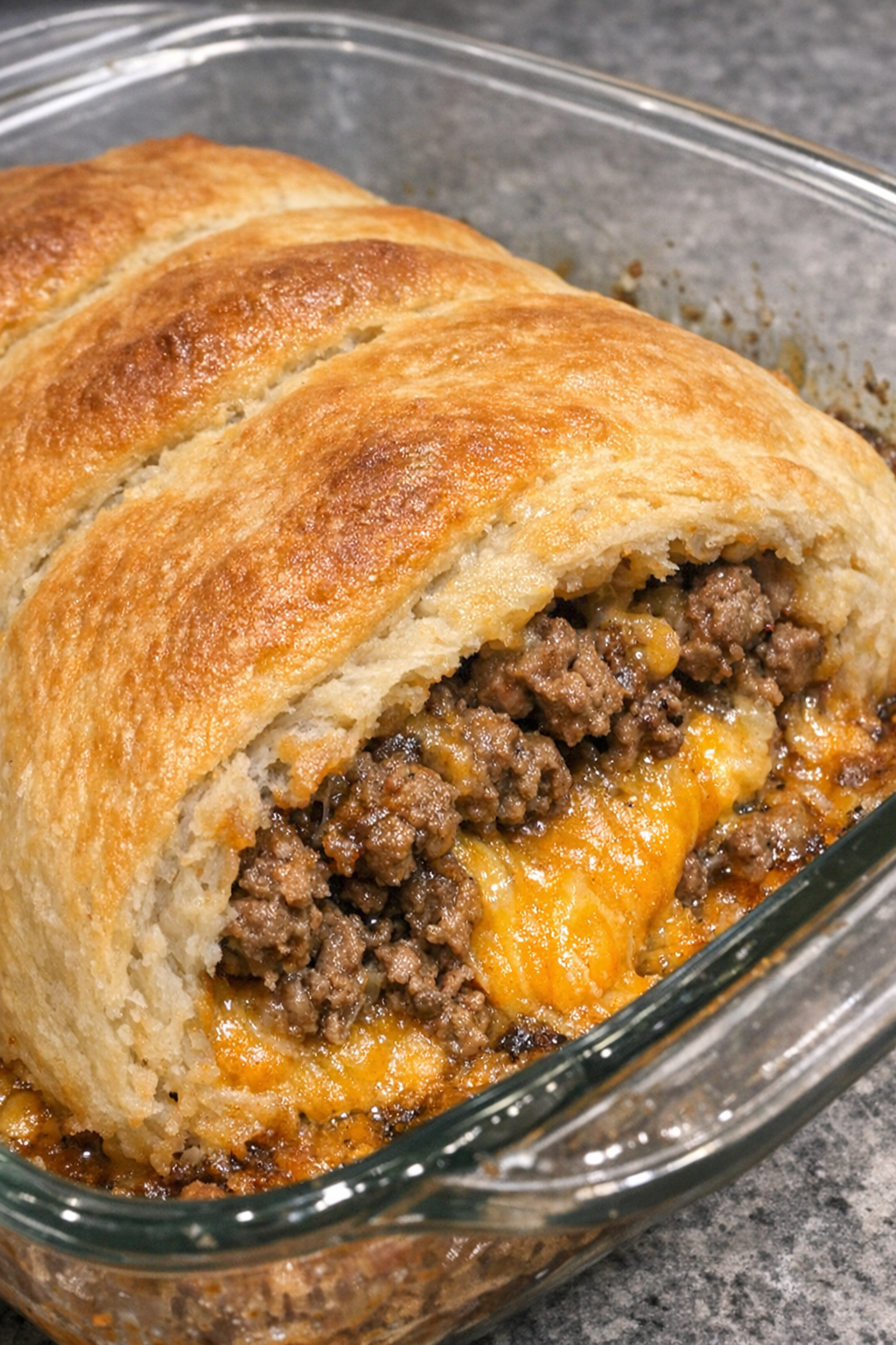Finished beef crescent loaf with golden crust and melted cheddar