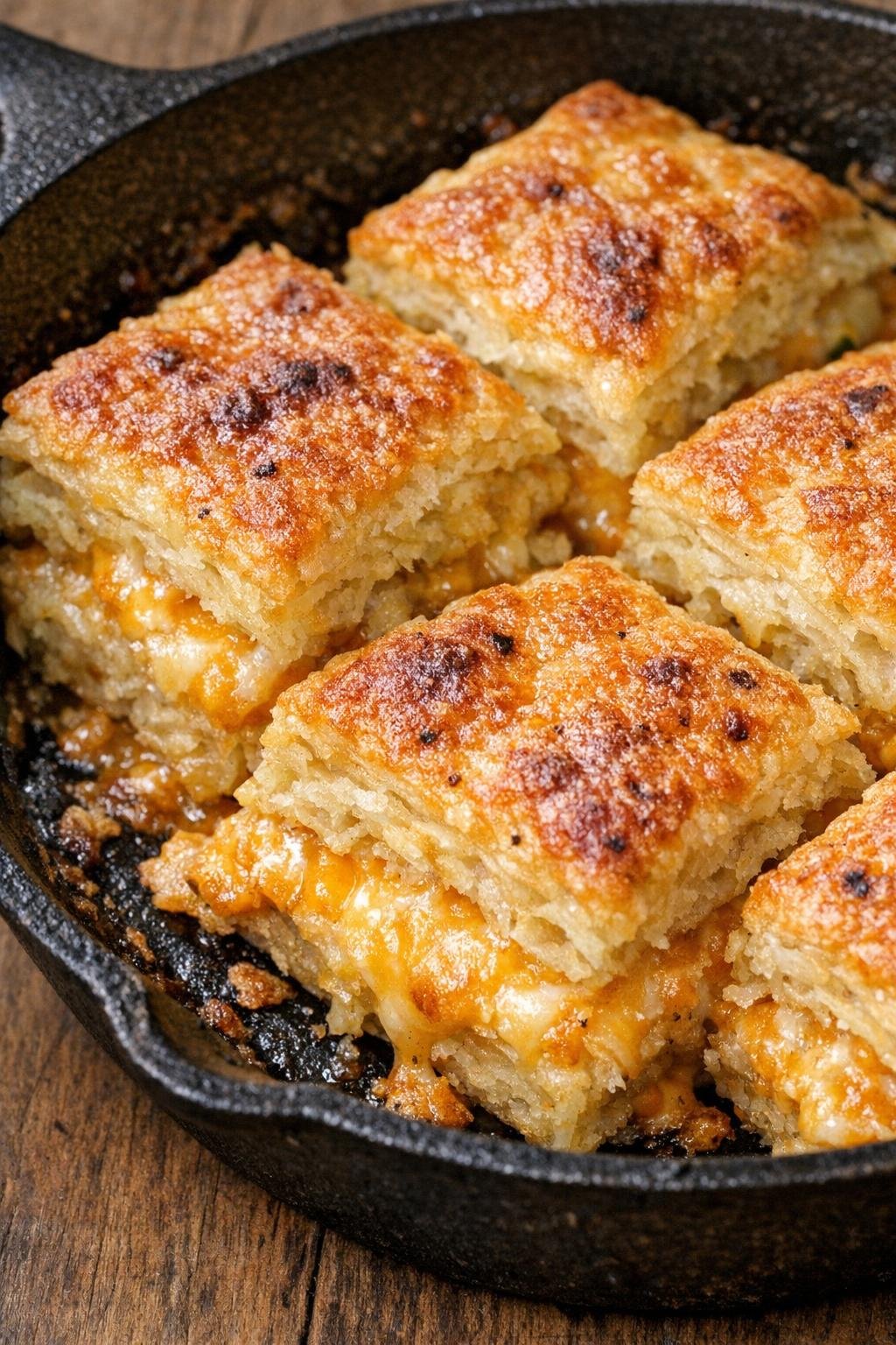 Southern 4-ingredient flaky cheddar squares in a cast iron skillet