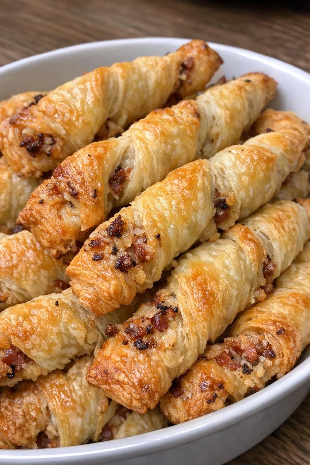 Golden flaky savory party strips piled in a serving dish
