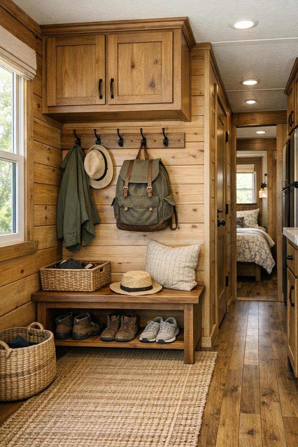 Functional small entry and hallway area with built-in storage, hooks, and warm wood finishes