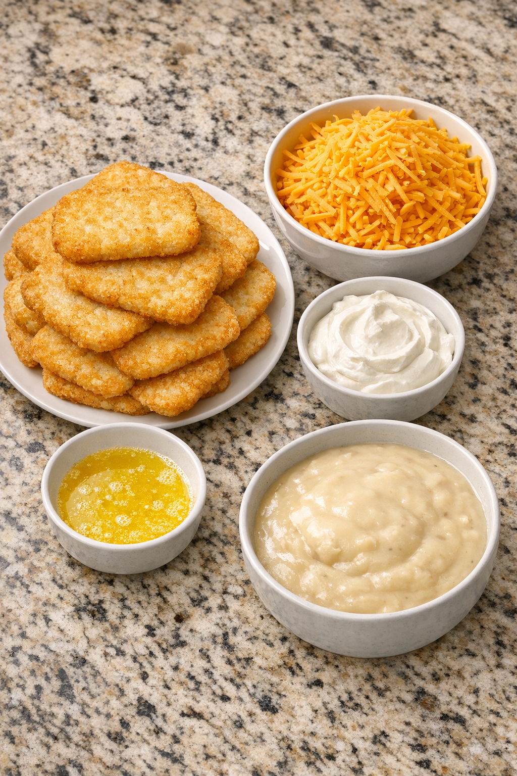 Hash browns, cheddar, soup, sour cream, and melted butter