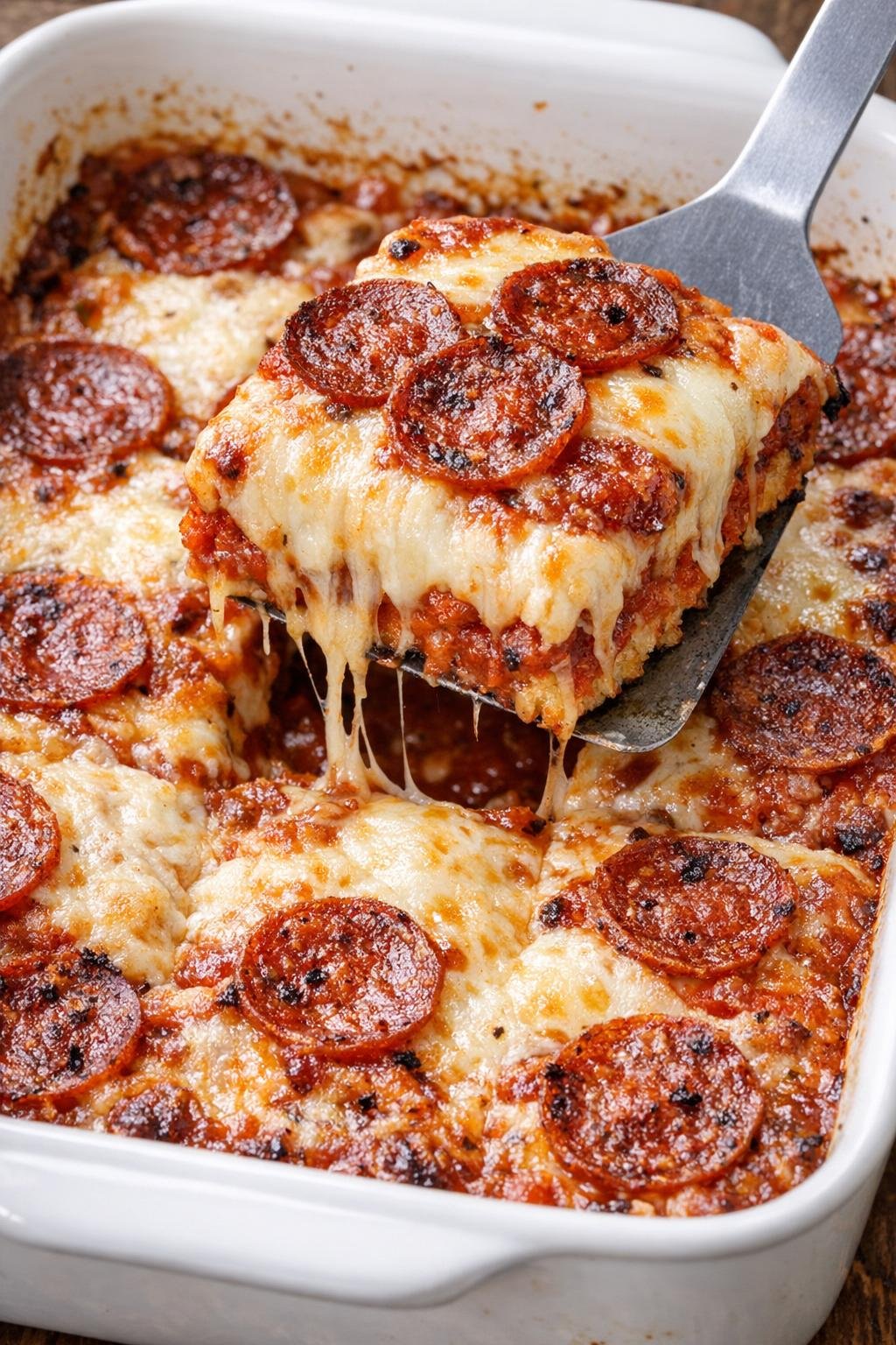Low carb pepperoni braddock bakes in a casserole dish