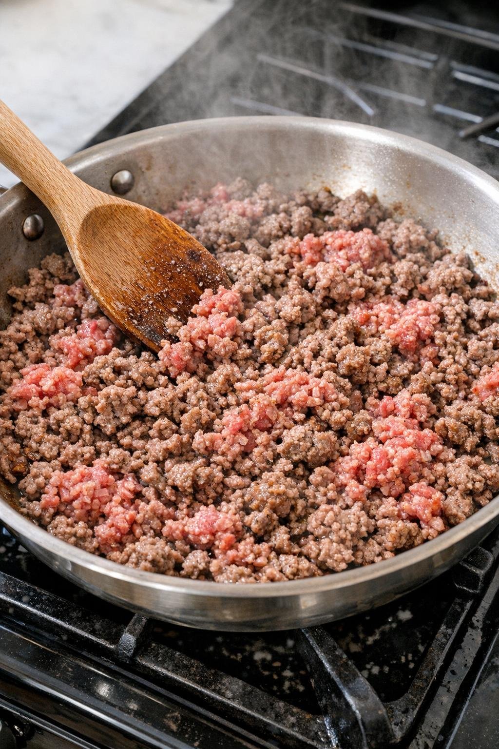 Ground beef browning in a skillet
