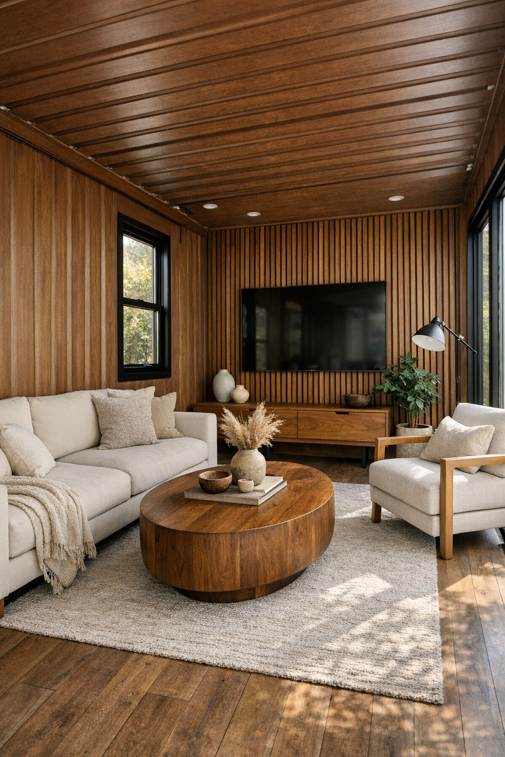 Accessible modern-rustic living room with warm wood, cream seating, and black-framed windows