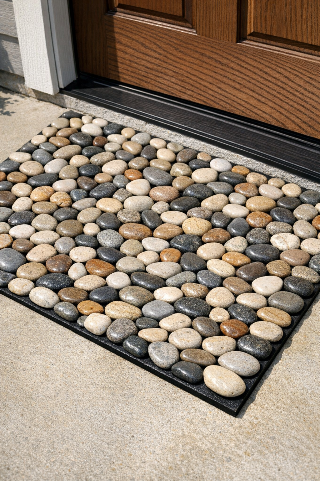 Finished rustic river rock welcome mat on a porch