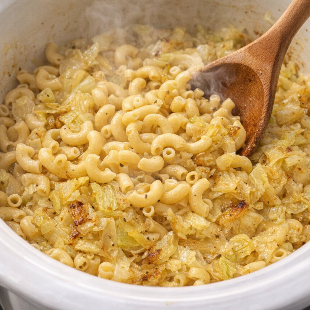 Dry macaroni being stirred into cooked cabbage
