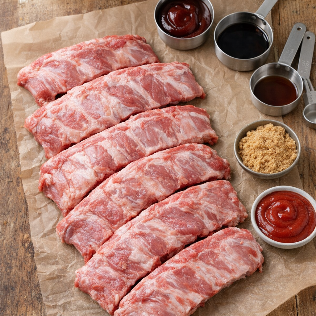 Rib ingredients arranged in mixing bowls on a wooden table