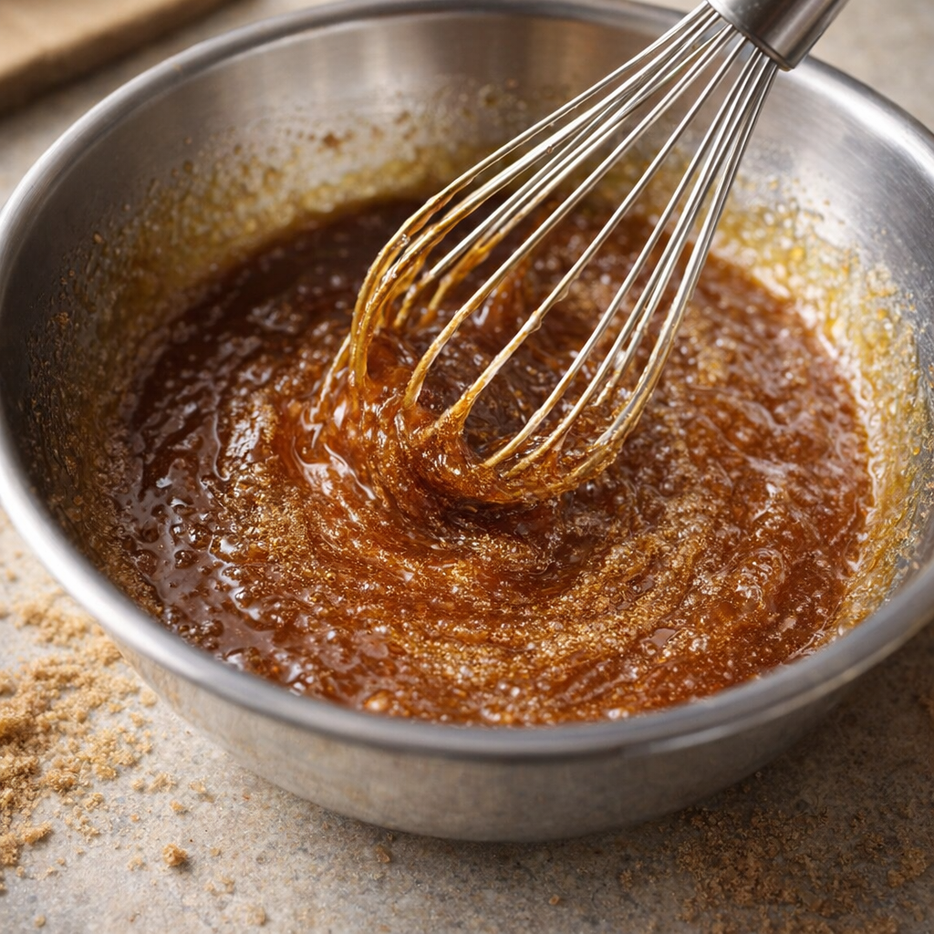 Brown sugar and butter glaze being whisked in a bowl