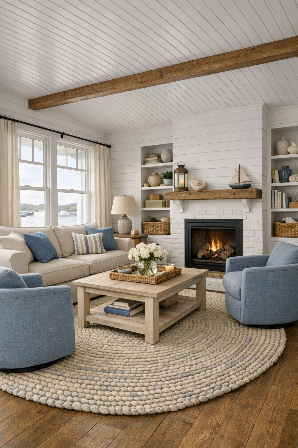 Bright Cape Cod houseboat living room with white shiplap walls and soft blue accents