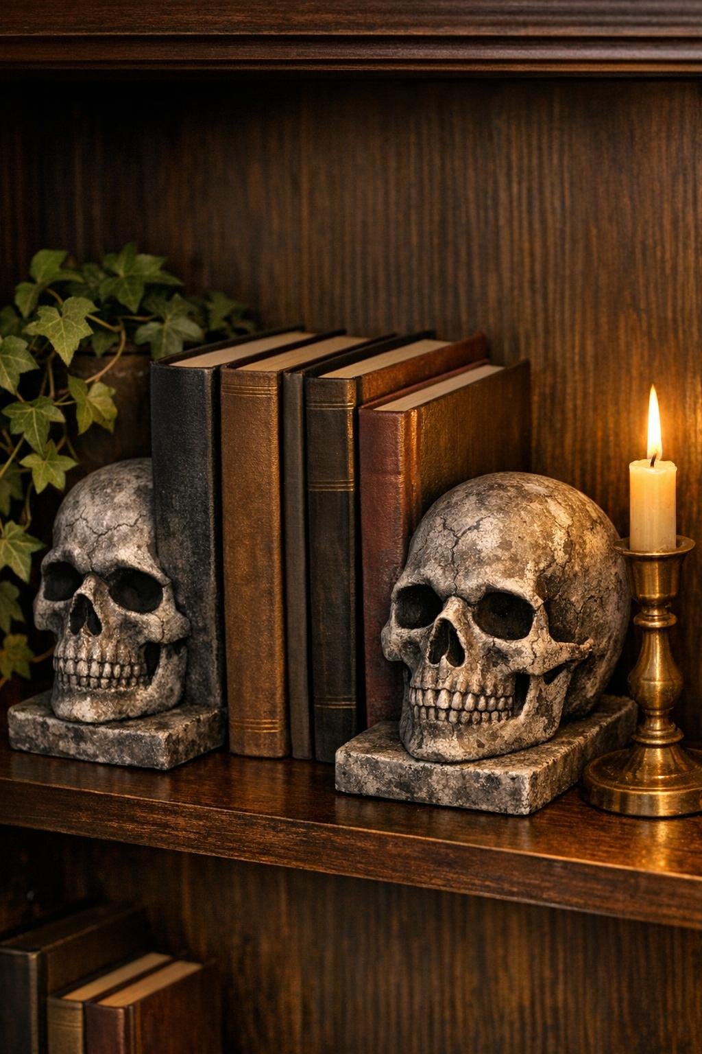 Finished stone skull bookends styled on a shelf