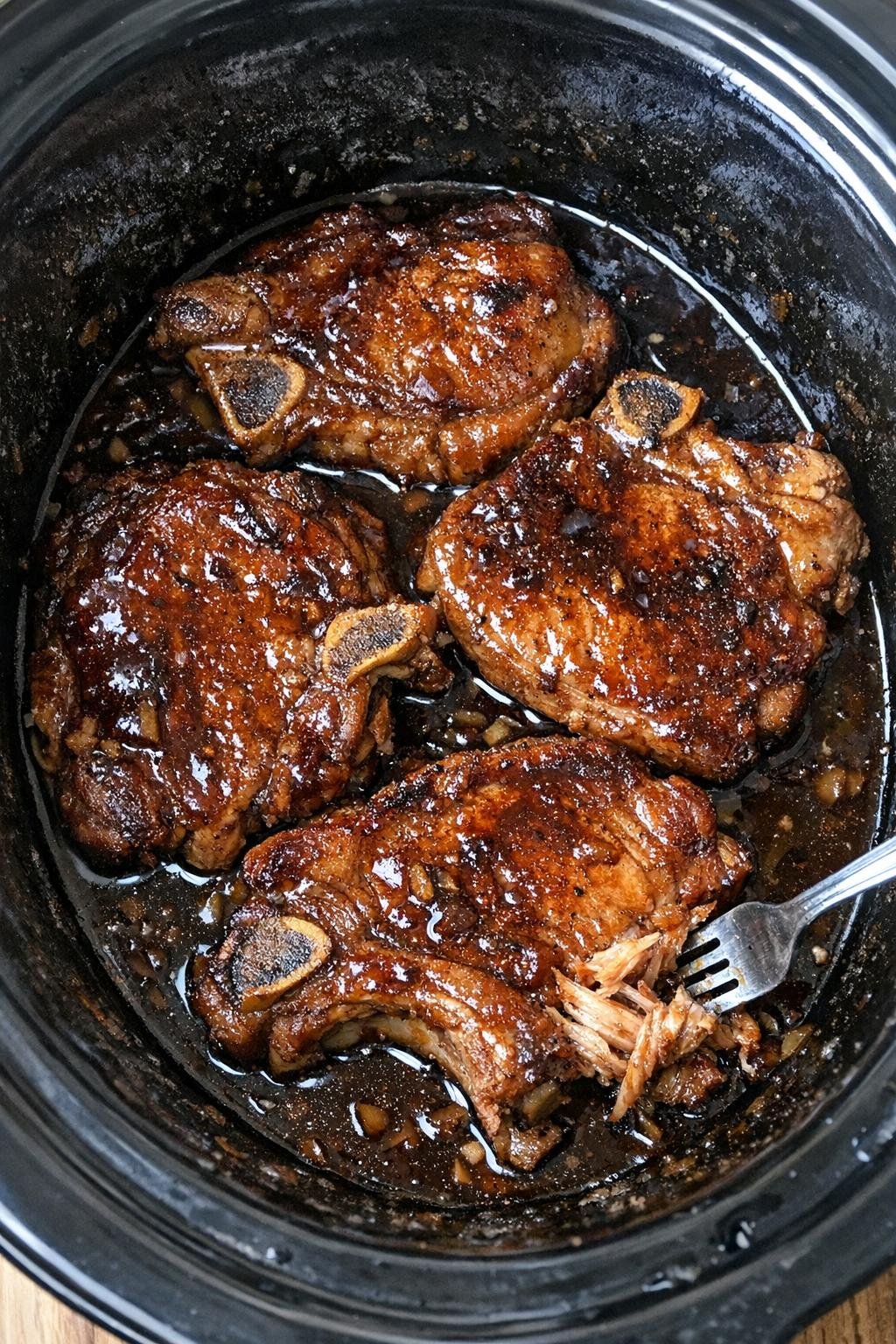 Slow cooker Worcestershire brown sugar pork chops in a black slow cooker