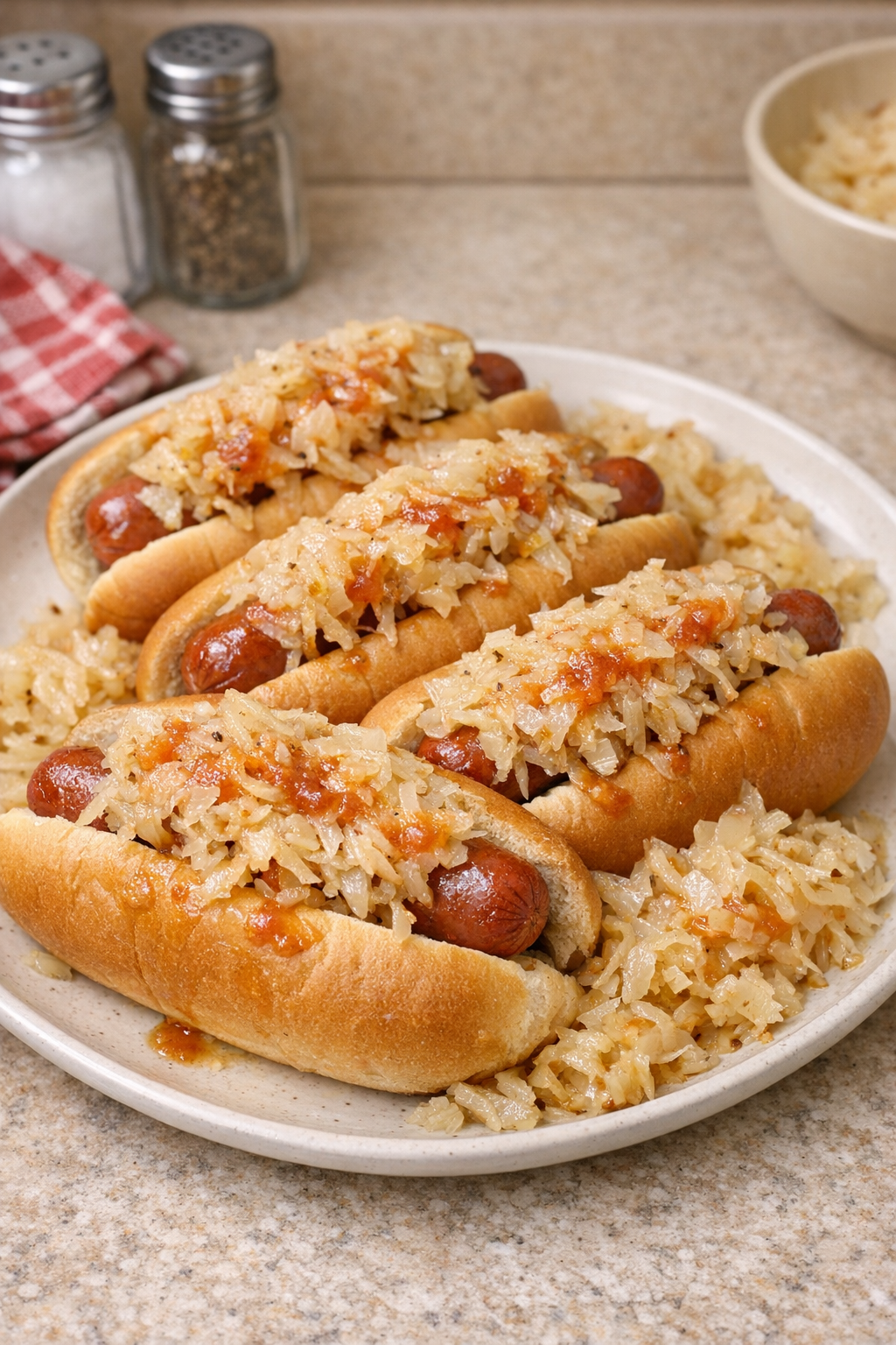 Finished patriot dogs with sauerkraut on buns served on a simple platter