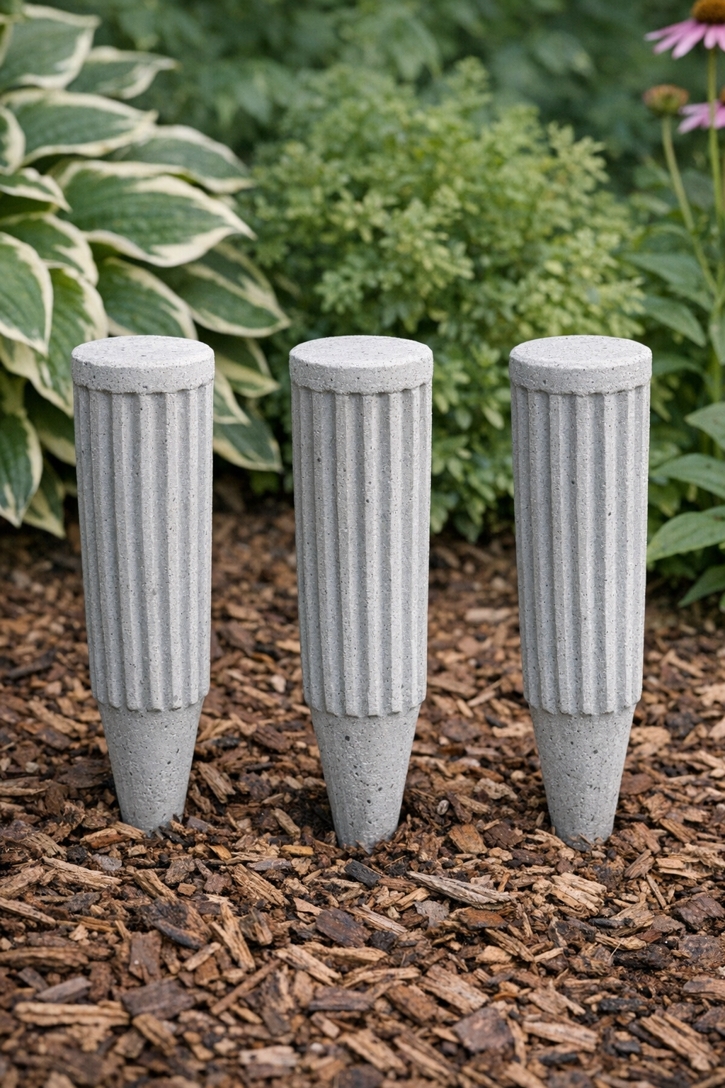 Finished fluted cement yard stakes displayed in a garden bed