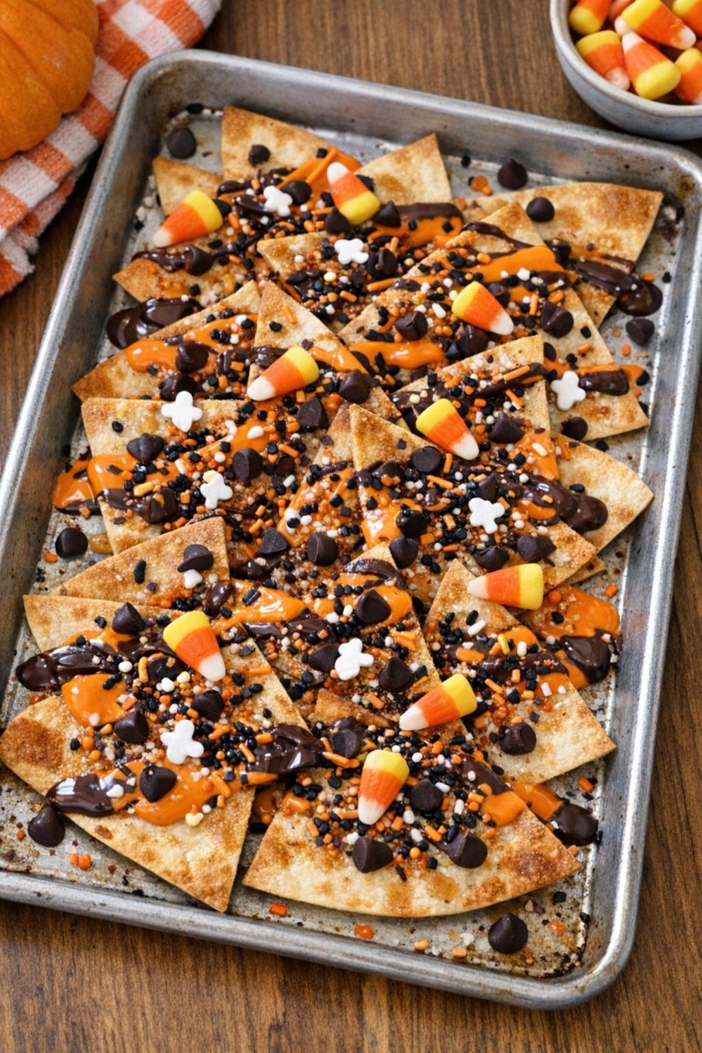 Finished baked Halloween tortilla dessert on a sheet pan