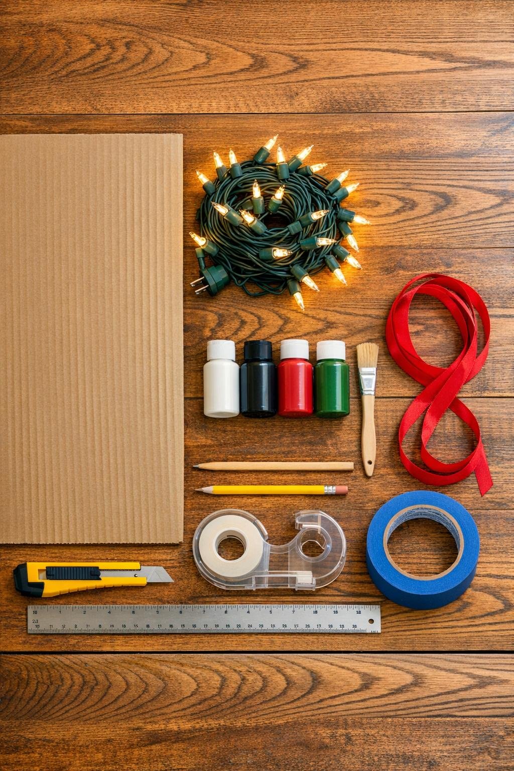 Materials for a cardboard light-up door decoration laid out on a table