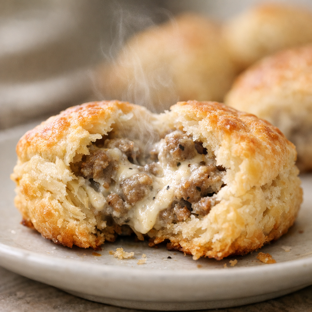 Close-up of a sausage cream cheese bite with melty filling