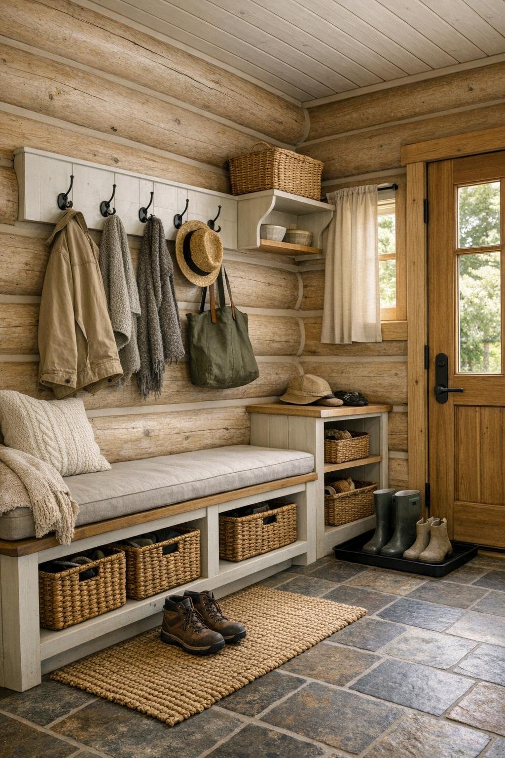 Functional entry nook with built-in bench, hooks, and warm rustic finishes