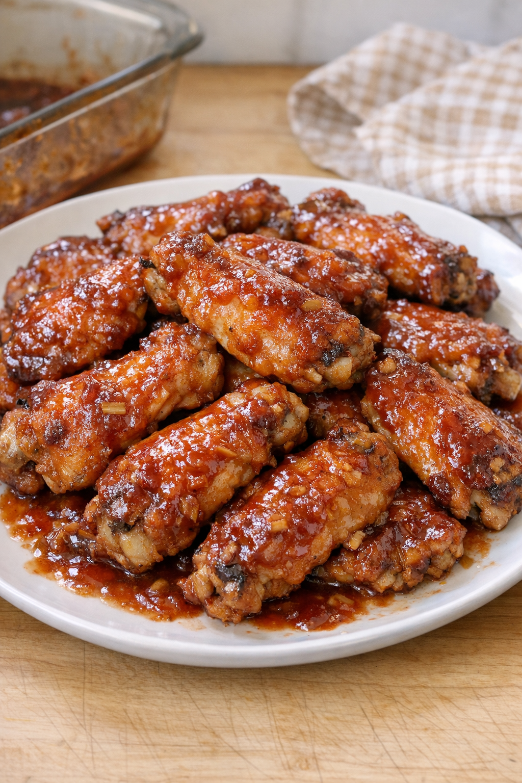 Finished baked chicken wings glazed in red sauce on a platter