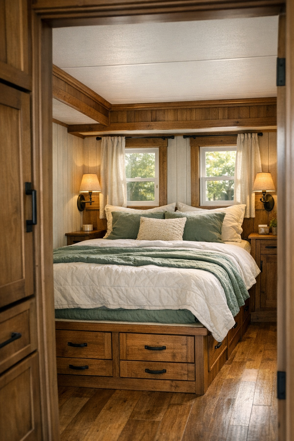 Peaceful bedroom with built-in bed and soft green layered bedding