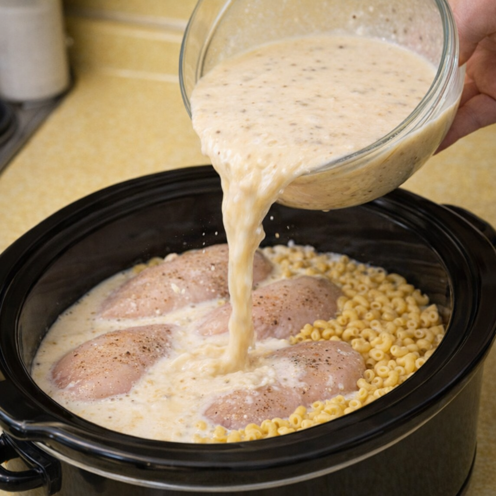 Creamy soup mixture being poured over chicken and pasta