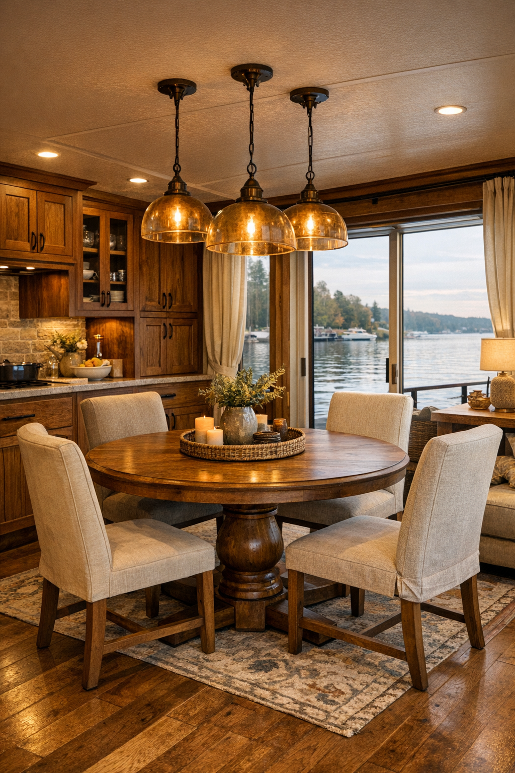 Dining area with round wood table, upholstered chairs, and warm pendant lighting