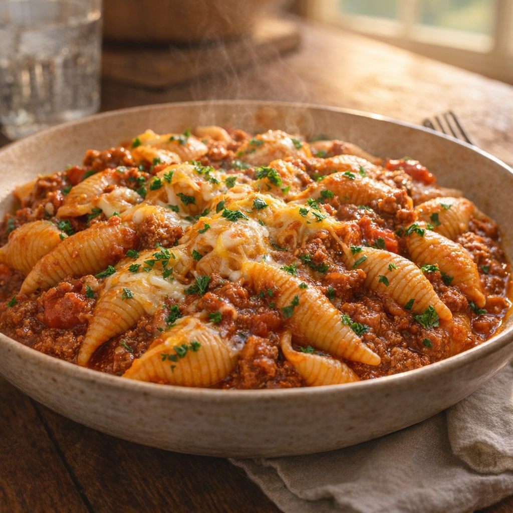 Finished shell pasta topped with cheese and parsley