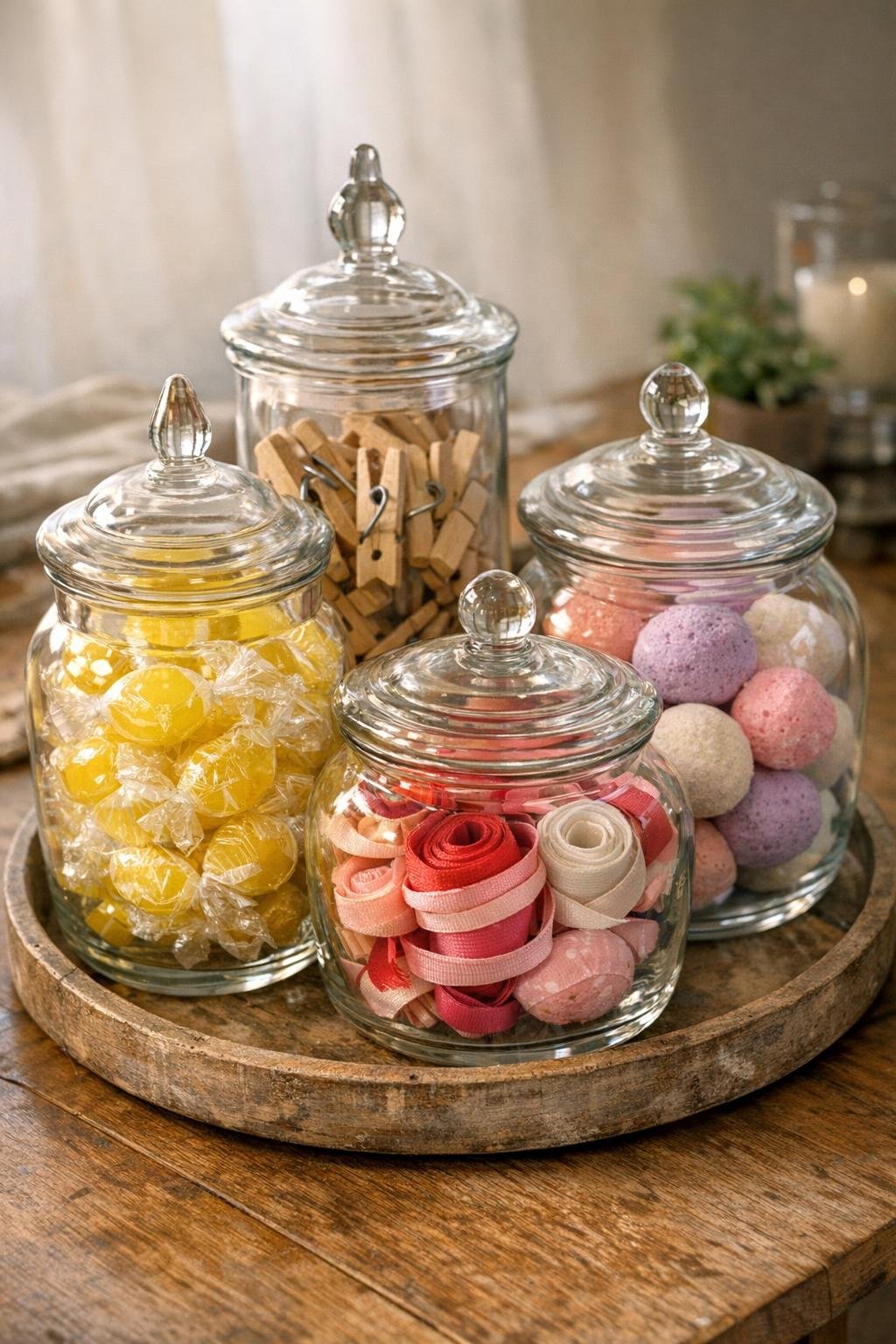 Finished apothecary jars filled with candies clothespins ribbon and bath items