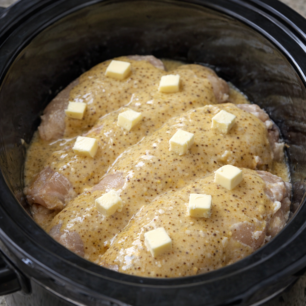 Slow cooker filled with chicken and honey mustard sauce before cooking