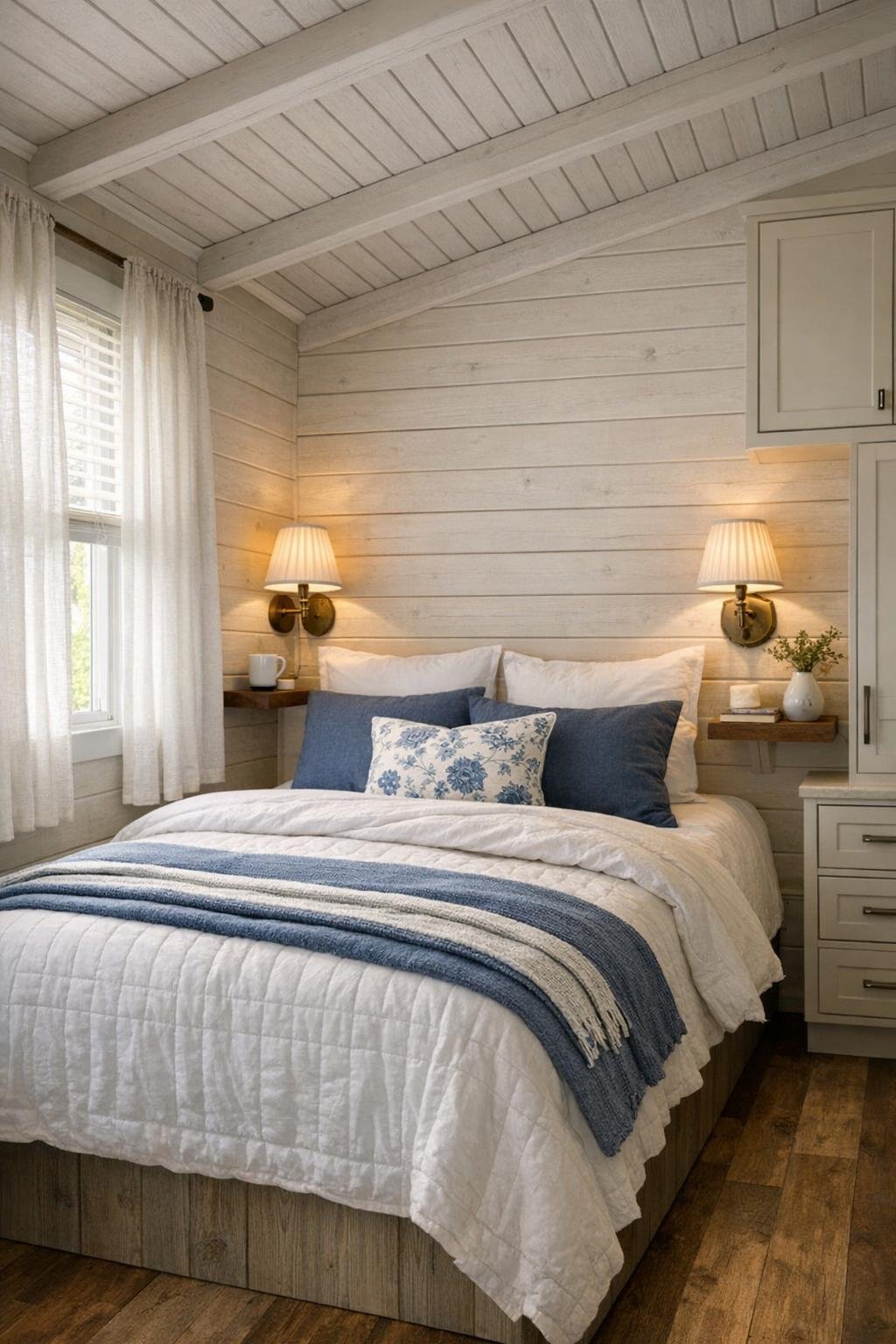 Soft, restful bedroom with layered bedding and built-in storage