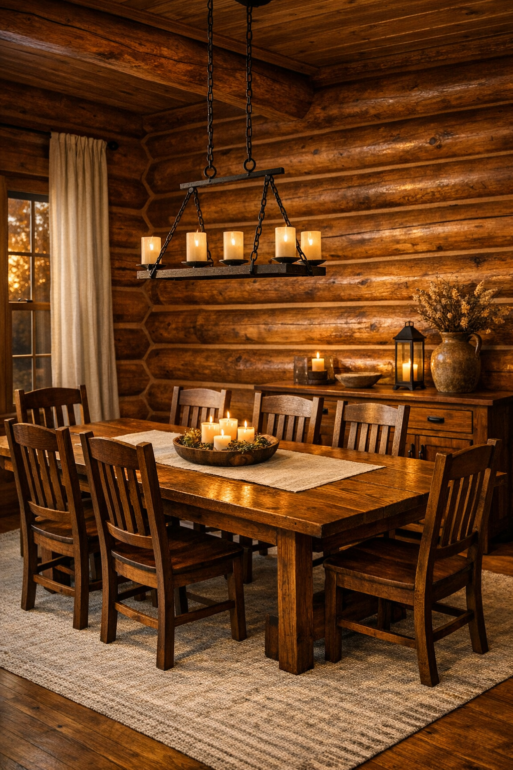 Crafted wood dining room with a long table and warm bronze log walls