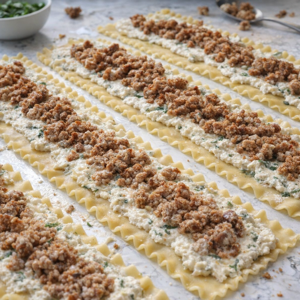 Lasagna noodles topped with cheese filling and sausage before rolling