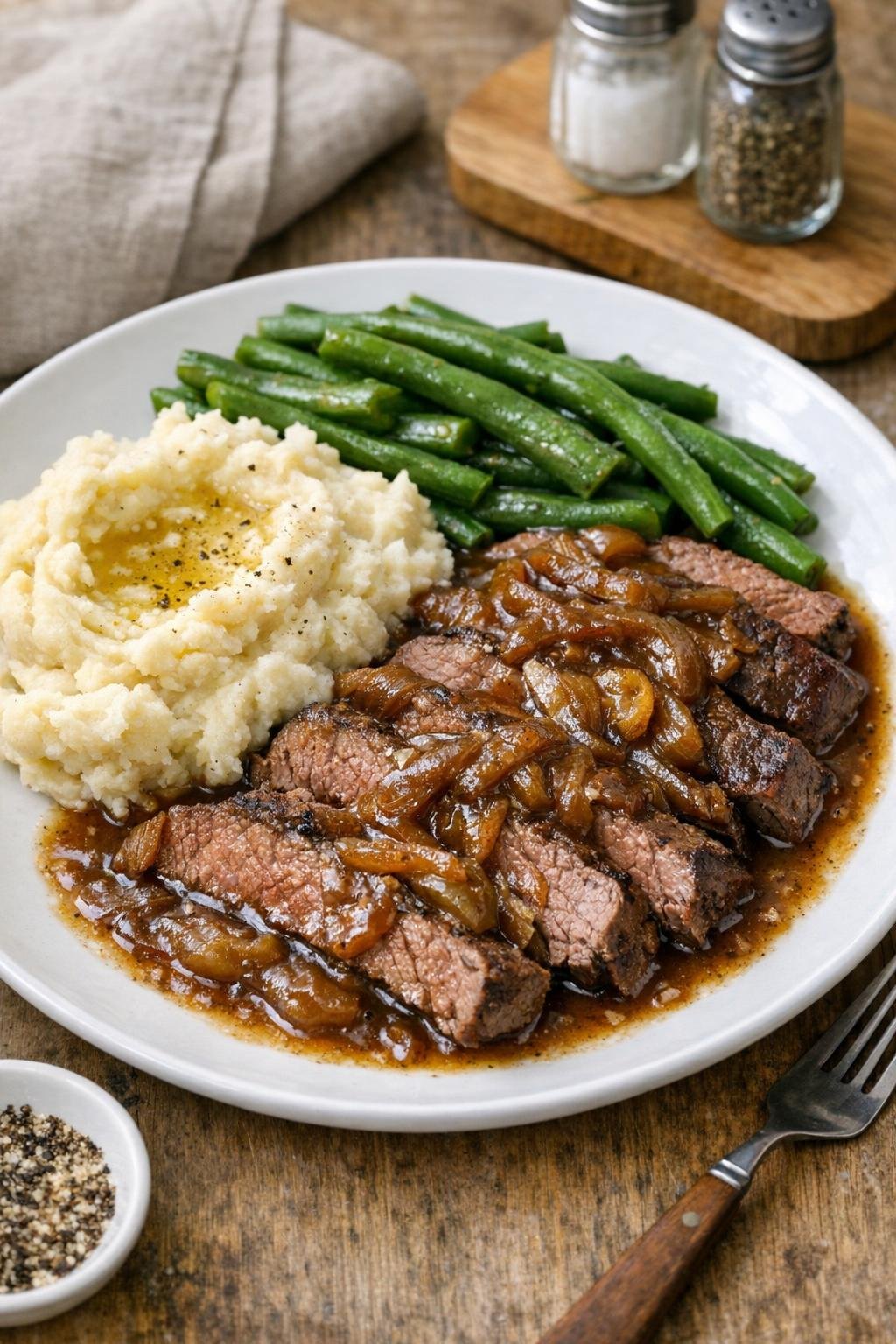 Finished slow cooker flat iron steak dinner plated with gravy