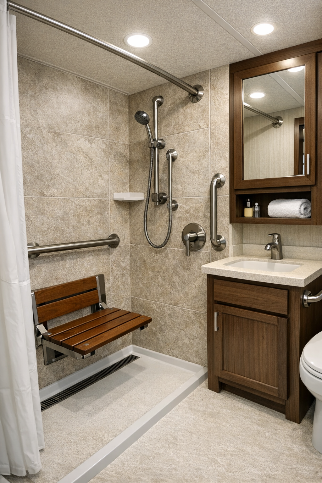 Accessible RV camper bathroom with roll-in shower, warm stone finishes, and compact modern vanity