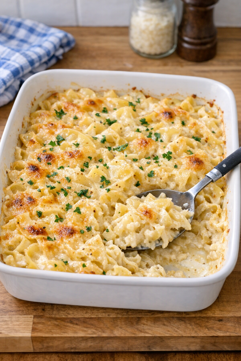 Finished baked garlic parmesan cream noodles in a casserole dish