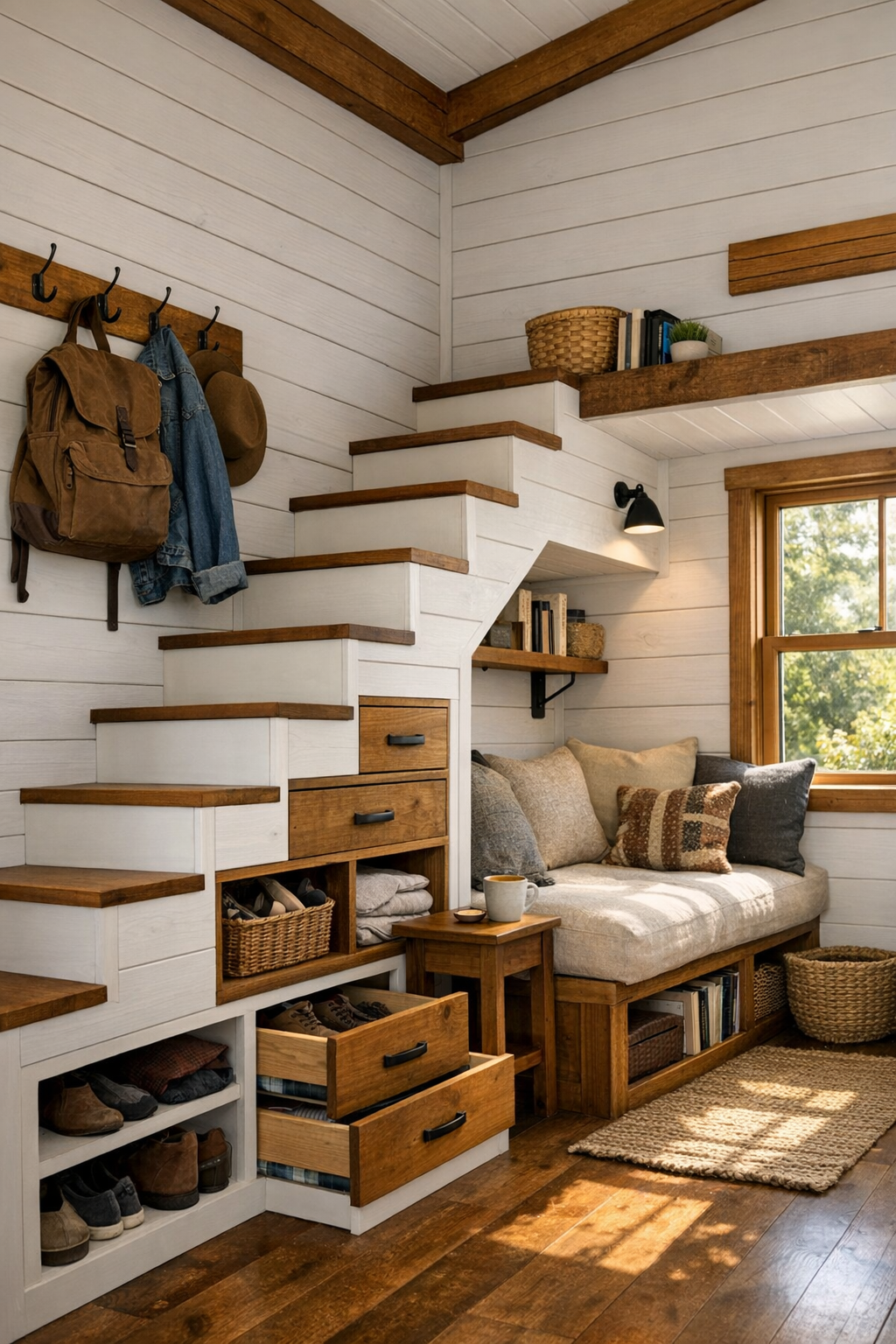 Built-in stair and hallway storage with wood drawers, hooks, and a small reading nook