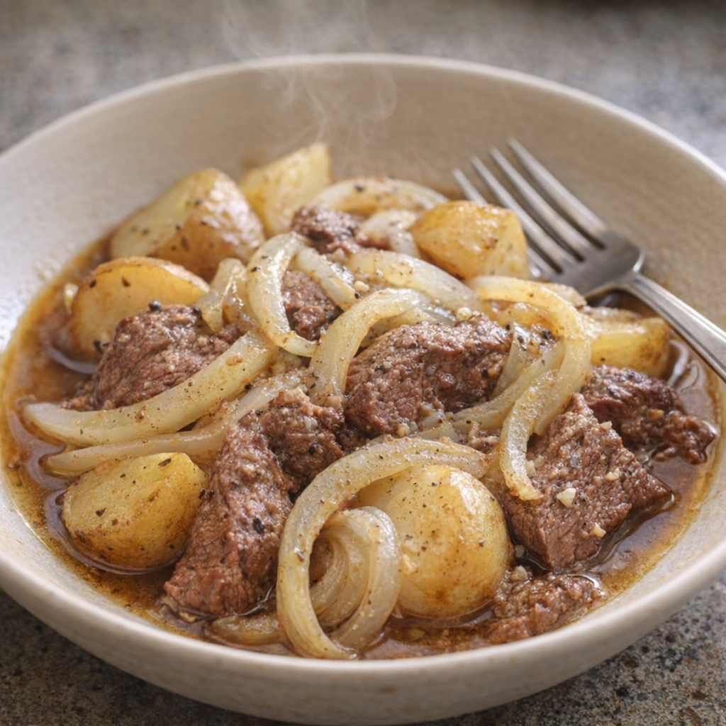 Beef and onion foil packet dinner served in a shallow bowl