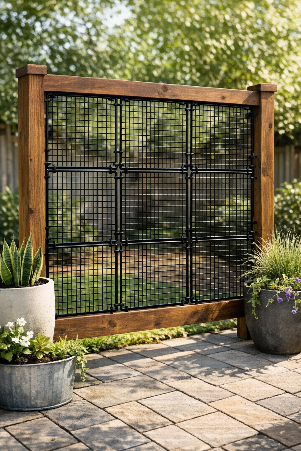 Finished modern backyard privacy screen made from painted cooling racks