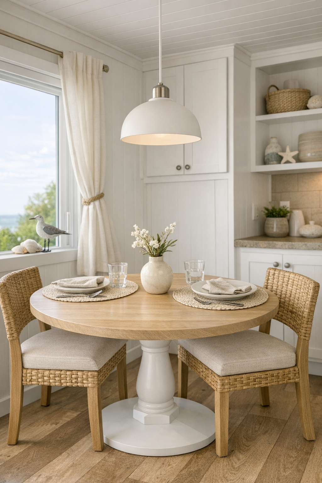 Coastal dining nook with a round table, woven chairs, and soft natural light