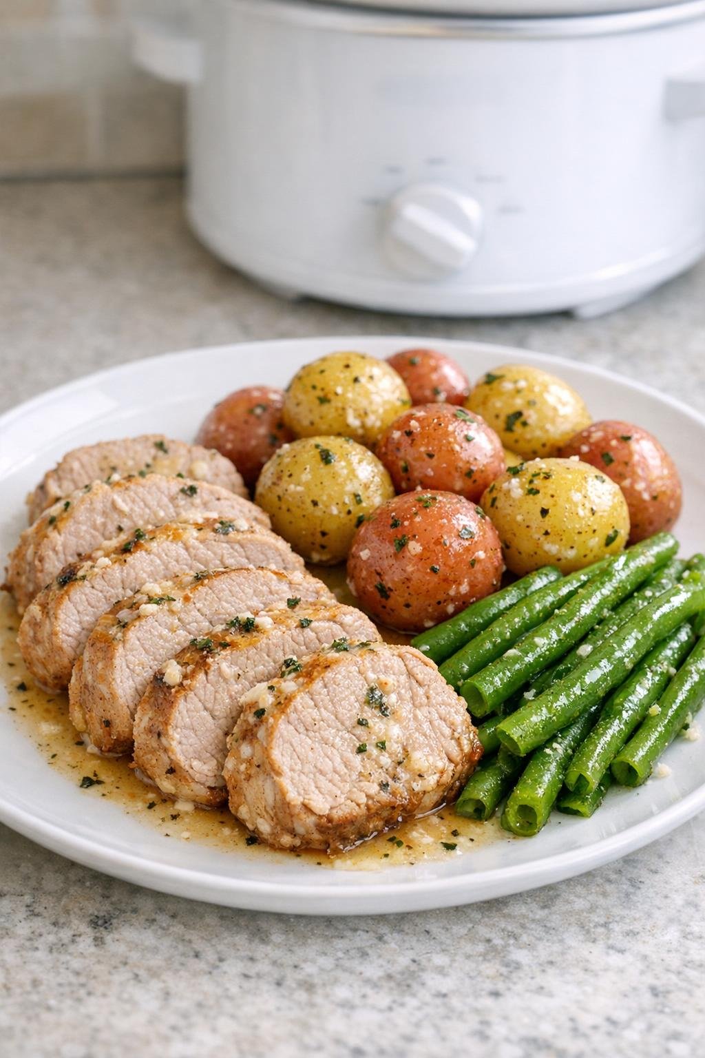 Finished ranch pork tenderloin with potatoes and green beans