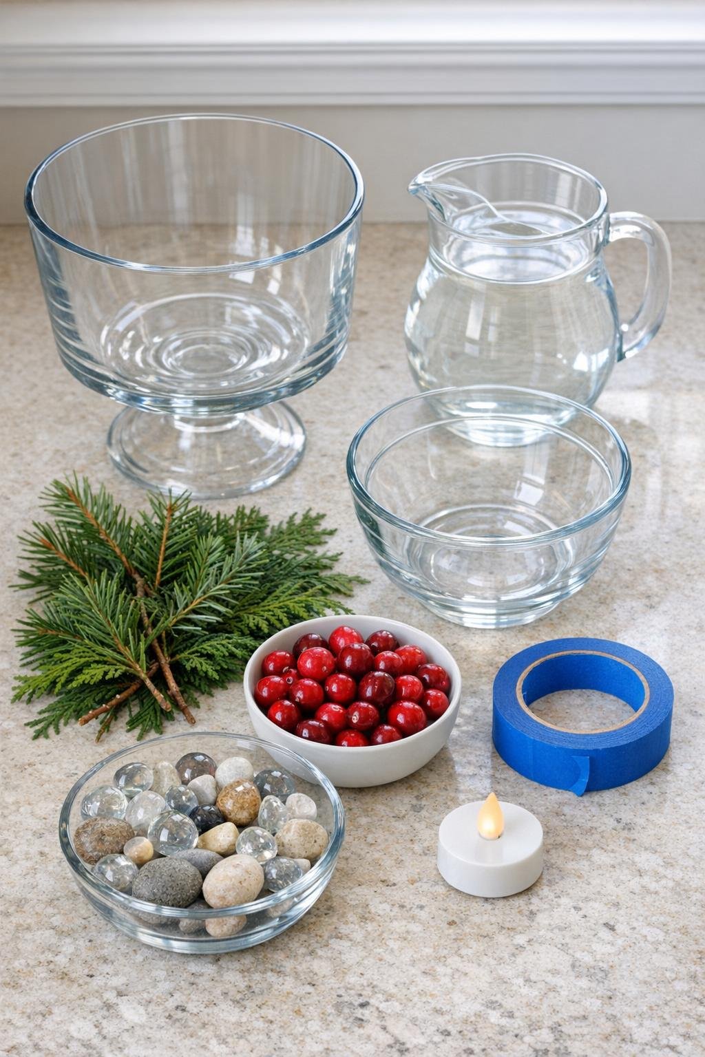 Materials for making a frozen evergreen ice centerpiece bowl laid out on a counter