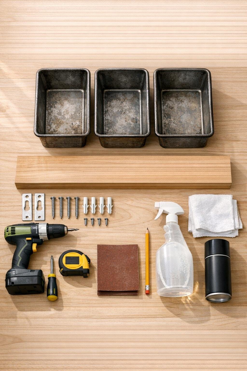 Materials for a hallway mail sorter arranged on a work surface
