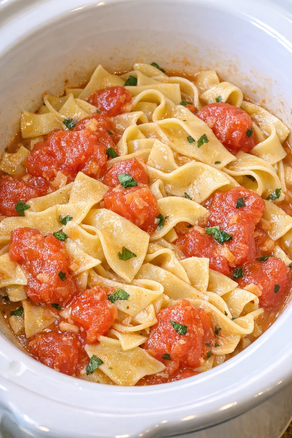 Slow cooker Amish garden tomato noodles in a white slow cooker