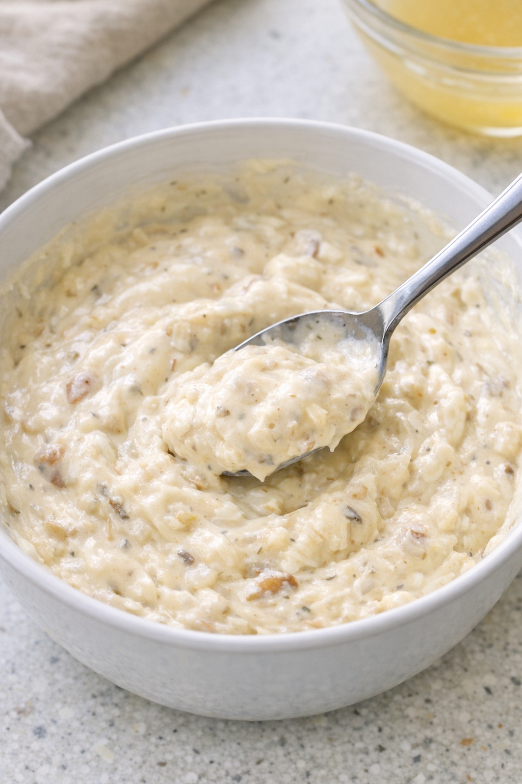 Creamy sauce being mixed in a bowl