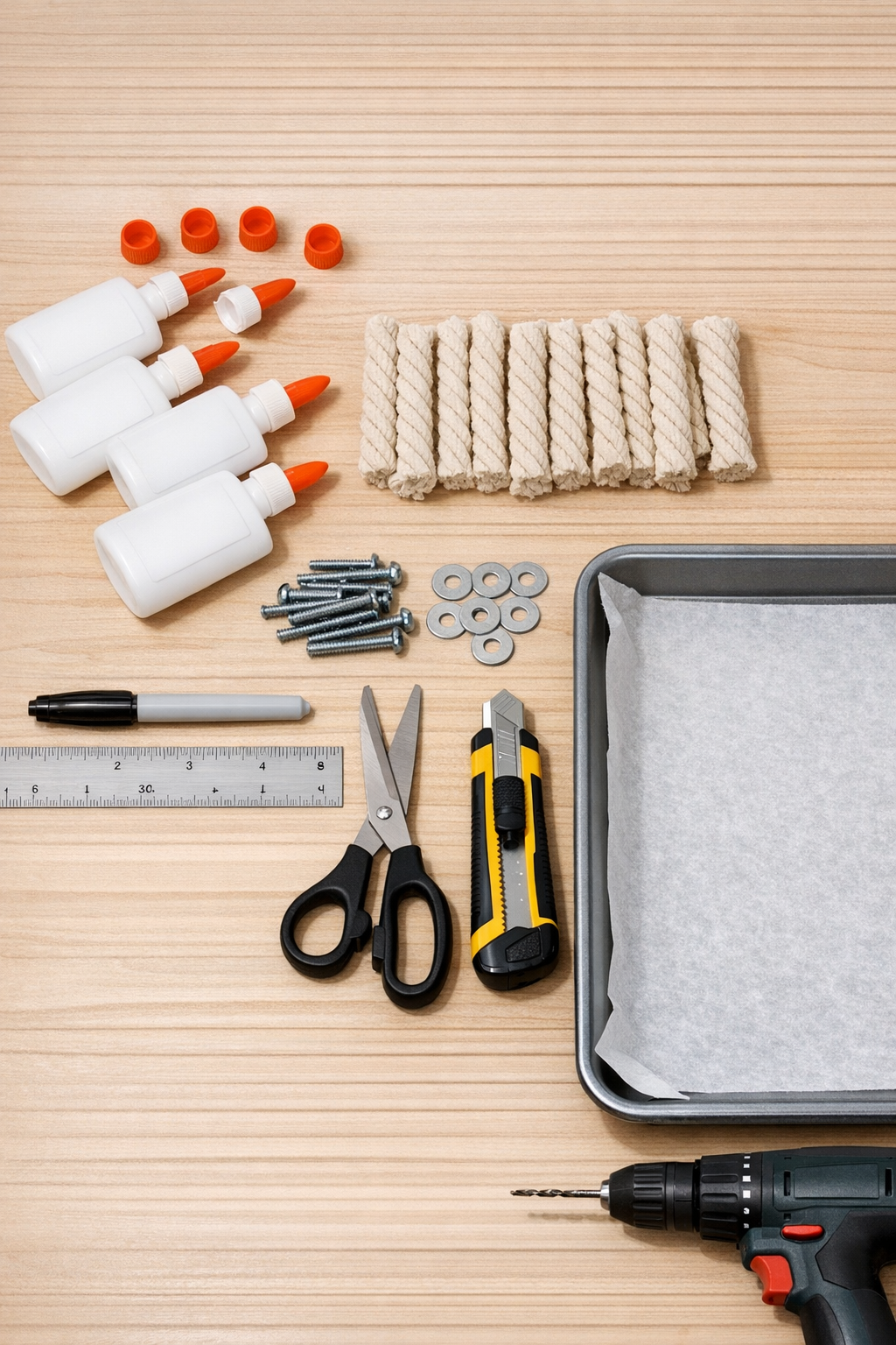 Materials for making drawer pulls from glue bottles and rope