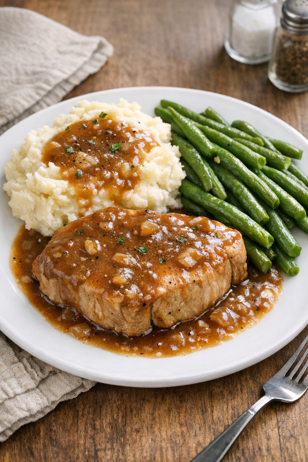 Finished slow cooker pork chops with gravy on a dinner plate