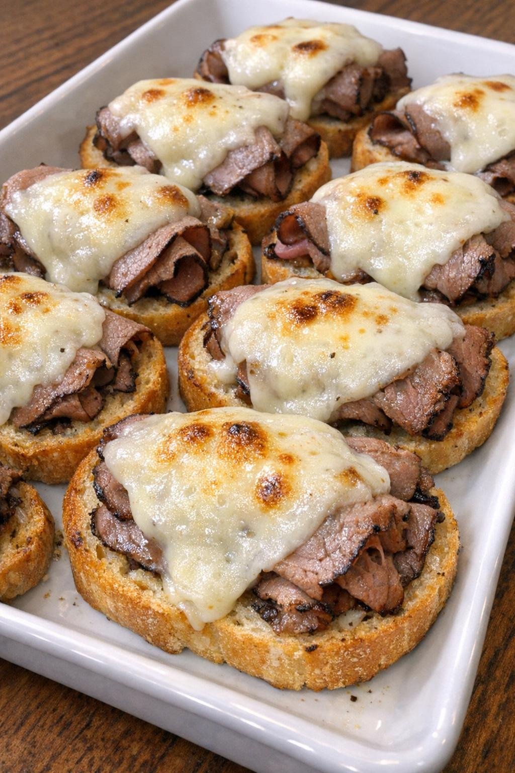 Finished beef crostini with melted provolone